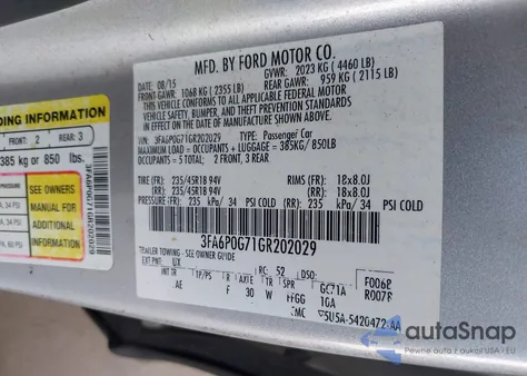 2016 Ford Fusion S z USA, uszkodzony, nr VIN 3FA6P0G71GR202029